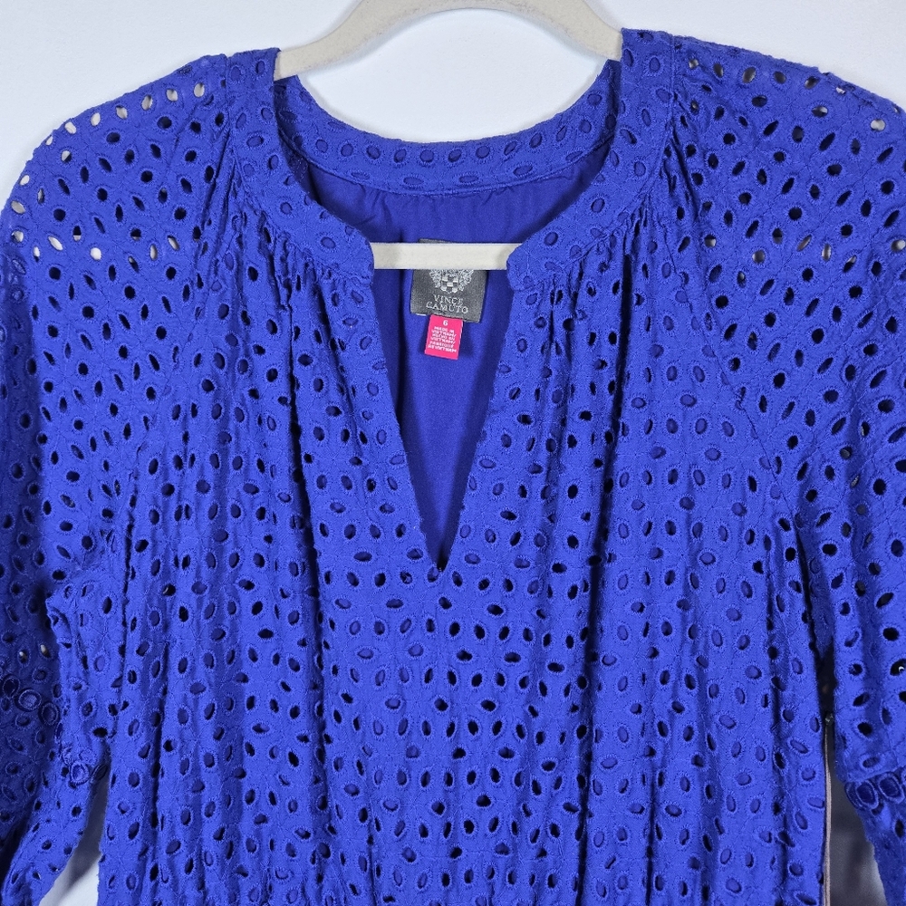 NEW Vince Camuto Blue Eyelet Fit & Flare Cotton Tassle Waist Midi Dress Size 6 - Picture 4 of 14